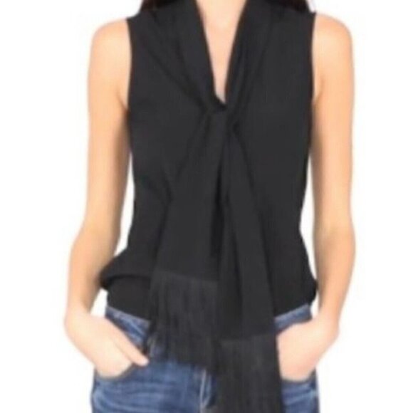 Cabi Sz M Black Fringed Tie Neck Shawl Scarf Sleeveless Tank Top Button Up - Picture 4 of 16
